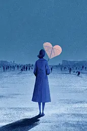 Midjourney generated image using SREF code Bluephantasm: A woman in a blue coat holding an umbrella in the snow.