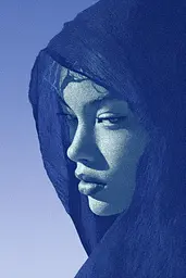 Midjourney generated image using SREF code Bluephantasm: A woman with a hooded headscarf on her head. 