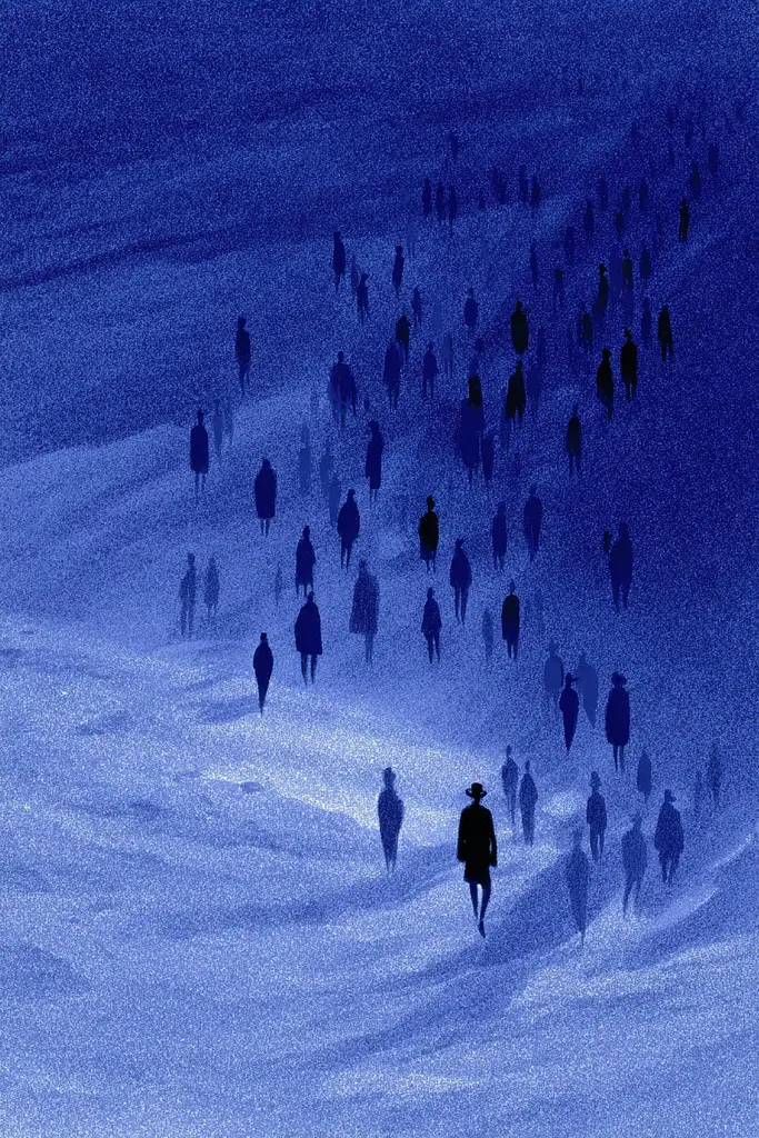 Midjourney generated image using SREF code Bluephantasm: A group of people walking down a snow covered slope.