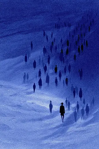 Midjourney generated image using SREF code Bluephantasm: A group of people walking down a snow covered slope.
