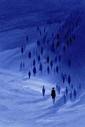 Midjourney generated image using SREF code Bluephantasm: A group of people walking down a snow covered slope.