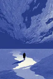 Midjourney generated image using SREF code Bluephantasm: A person standing in the middle of a snow covered field.
