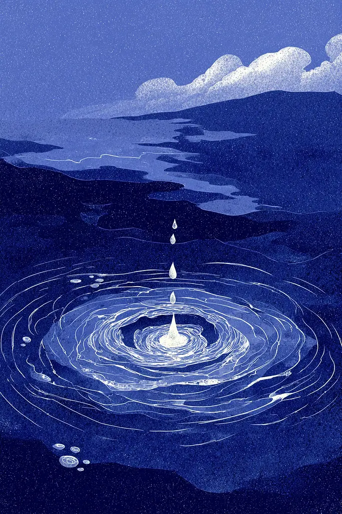 Midjourney generated image using SREF code Bluephantasm: A blue and white illustration of a water drop in the middle of a lake.