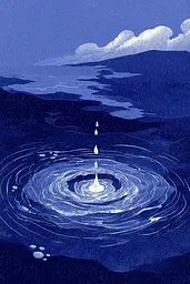 Midjourney generated image using SREF code Bluephantasm: A blue and white illustration of a water drop in the middle of a lake.