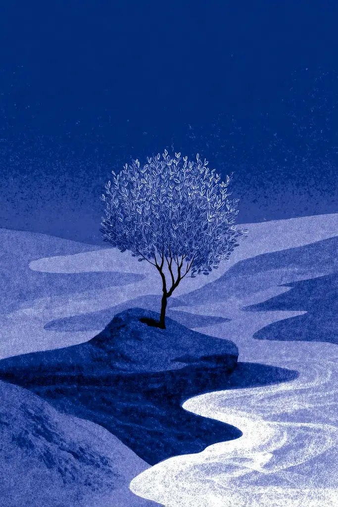 Midjourney generated image using SREF code Bluephantasm: A lone tree sitting on top of a rock in the middle of a river.