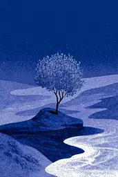 Midjourney generated image using SREF code Bluephantasm: A lone tree sitting on top of a rock in the middle of a river.