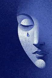 Midjourney generated image using SREF code Bluephantasm: A blue and white illustration of a woman's face with a tear in her eye.