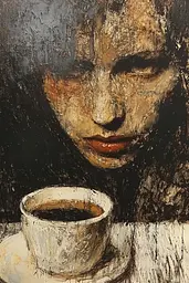 Midjourney generated image using SREF code Lurking Visions: A painting of a woman with a cup of coffee.