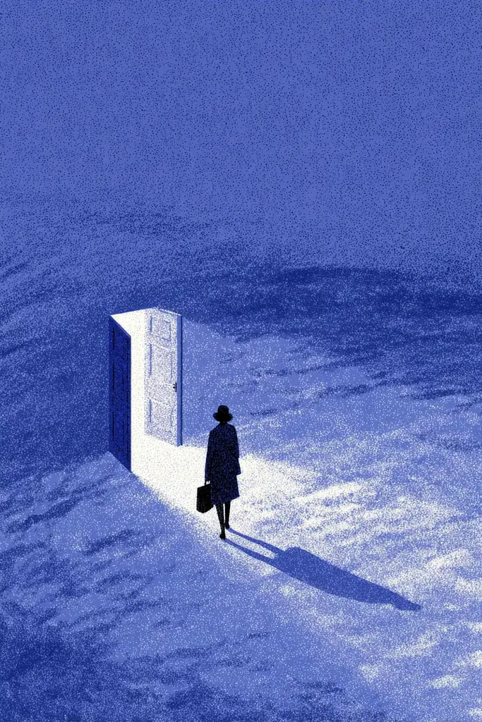 Midjourney generated image using SREF code Bluephantasm: A person walking in the snow with a briefcase.