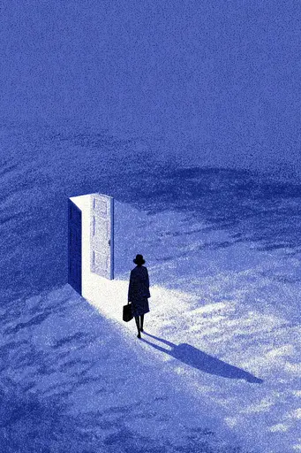 Midjourney generated image using SREF code Bluephantasm: A person walking in the snow with a briefcase.
