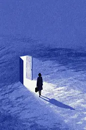 Midjourney generated image using SREF code Bluephantasm: A person walking in the snow with a briefcase.