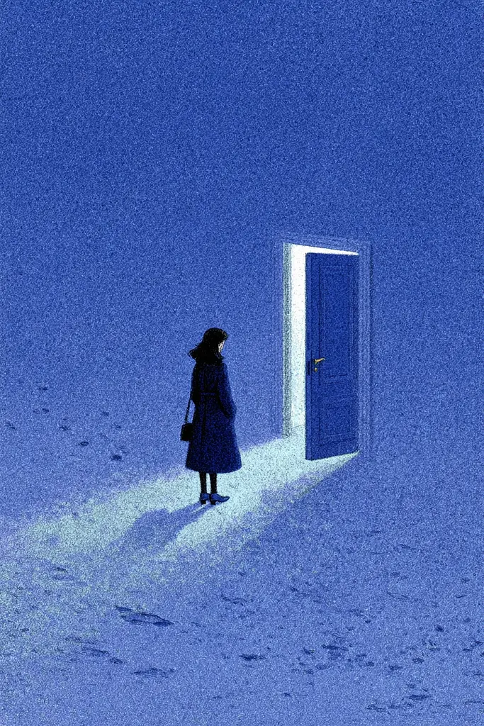 Midjourney generated image using SREF code Bluephantasm: A woman standing in front of a blue door in the snow.
