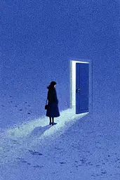 Midjourney generated image using SREF code Bluephantasm: A woman standing in front of a blue door in the snow.