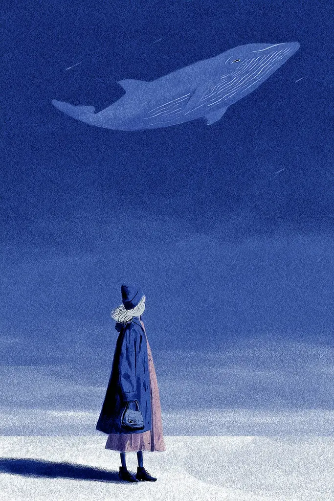 Midjourney generated image using SREF code Bluephantasm: A person standing in the snow looking at a whale.