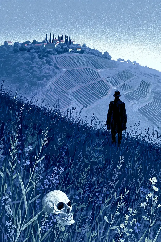 Midjourney generated image using SREF code Bluephantasm: A man standing in a field of flowers next to a skull.