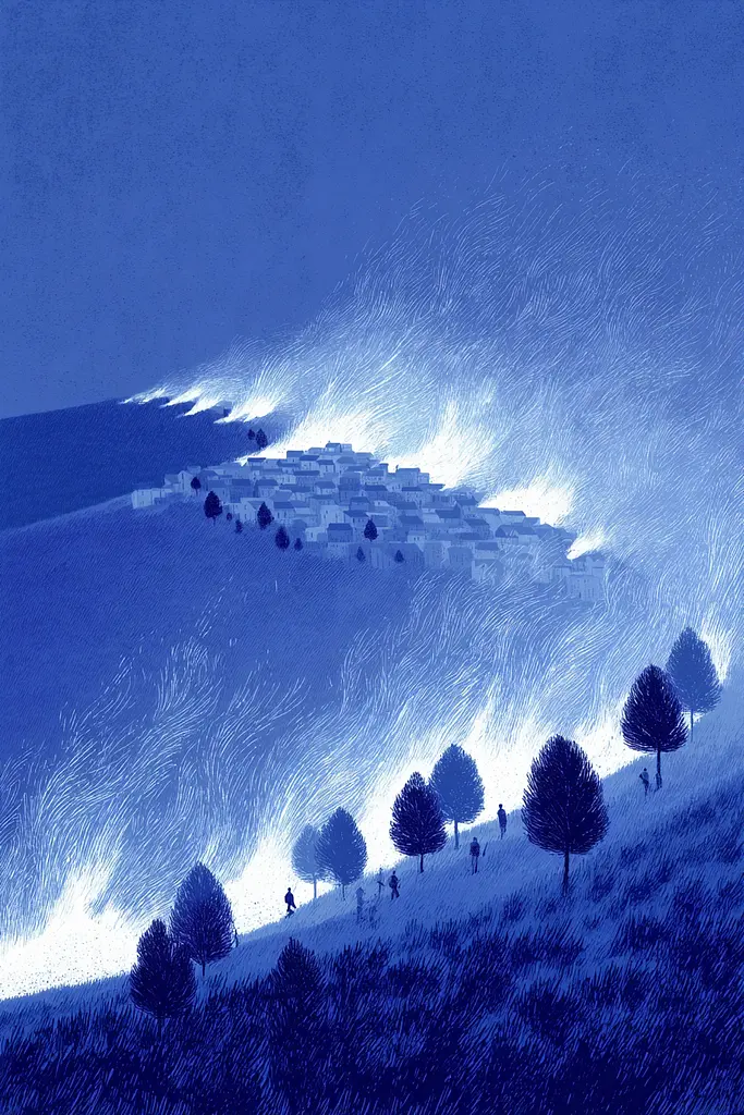 Midjourney generated image using SREF code Bluephantasm: A blue and white illustration of people walking on a hill.