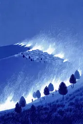Midjourney generated image using SREF code Bluephantasm: A blue and white illustration of people walking on a hill.