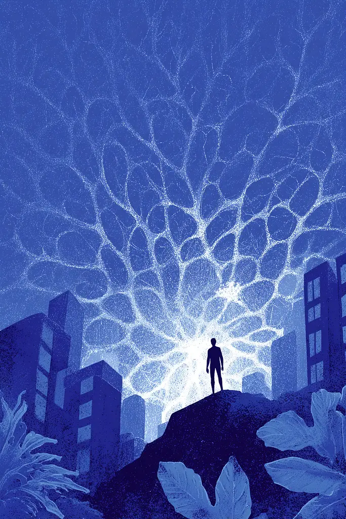 Midjourney generated image using SREF code Bluephantasm: A man standing on top of a hill next to a tree.
