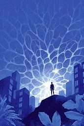 Midjourney generated image using SREF code Bluephantasm: A man standing on top of a hill next to a tree.