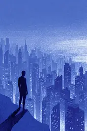 Midjourney generated image using SREF code Bluephantasm: A man standing on top of a hill looking at a city.