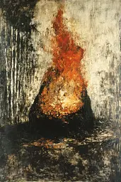 Midjourney generated image using SREF code Lurking Visions: A painting of a fire in the middle of a black and white background.