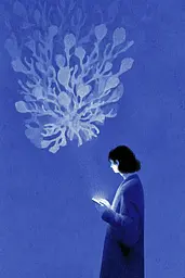 Midjourney generated image using SREF code Bluephantasm: A woman standing in front of a blue background holding a cell phone.
