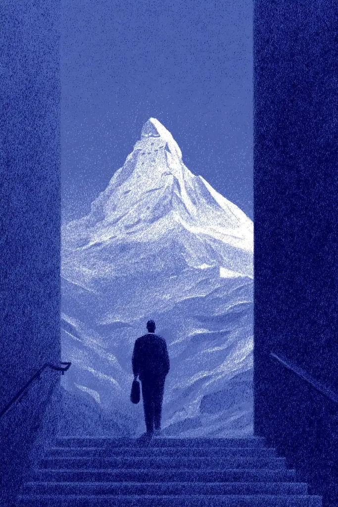 Midjourney generated image using SREF code Bluephantasm: A man walking up a set of stairs with a mountain in the background.