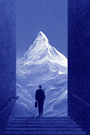 Midjourney generated image using SREF code Bluephantasm: A man walking up a set of stairs with a mountain in the background.