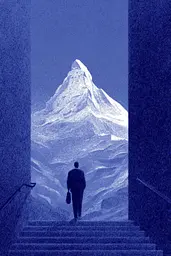 Midjourney generated image using SREF code Bluephantasm: A man walking up a set of stairs with a mountain in the background.