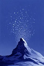 Midjourney generated image using SREF code Bluephantasm: A mountain with a flock of birds flying over it.