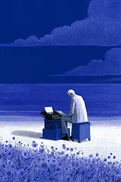 Midjourney generated image using SREF code Bluephantasm: A man sitting on a bench in a field of flowers typing on a typewriter.