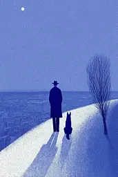 Midjourney generated image using SREF code Bluephantasm: A man and his dog are walking in the snow.