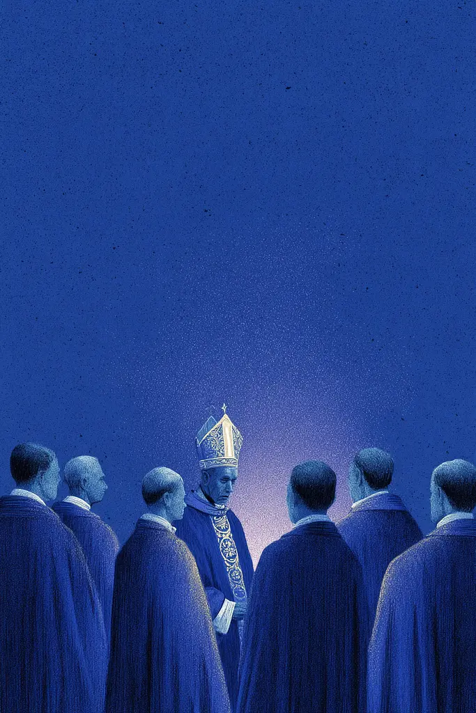 Midjourney generated image using SREF code Bluephantasm: A group of men standing in a line with a priest in the middle.