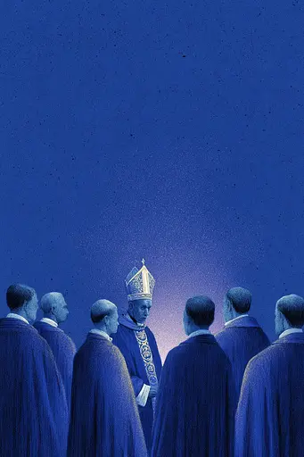 Midjourney generated image using SREF code Bluephantasm: A group of men standing in a line with a priest in the middle.