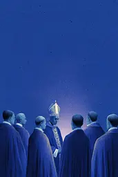 Midjourney generated image using SREF code Bluephantasm: A group of men standing in a line with a priest in the middle.