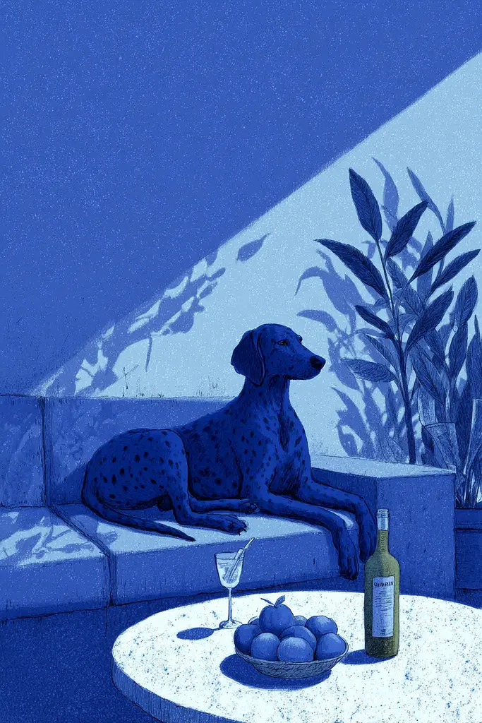 Midjourney generated image using SREF code Bluephantasm: A dog laying on a bench next to a bowl of fruit and a bottle of wine.