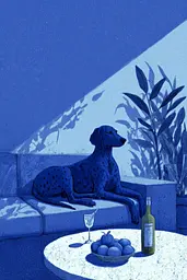 Midjourney generated image using SREF code Bluephantasm: A dog laying on a bench next to a bowl of fruit and a bottle of wine.