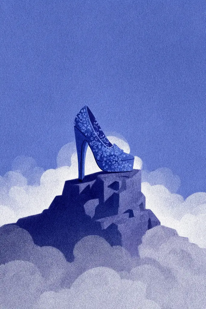 Midjourney generated image using SREF code Bluephantasm: A blue shoe sitting on top of a rock in the clouds.
