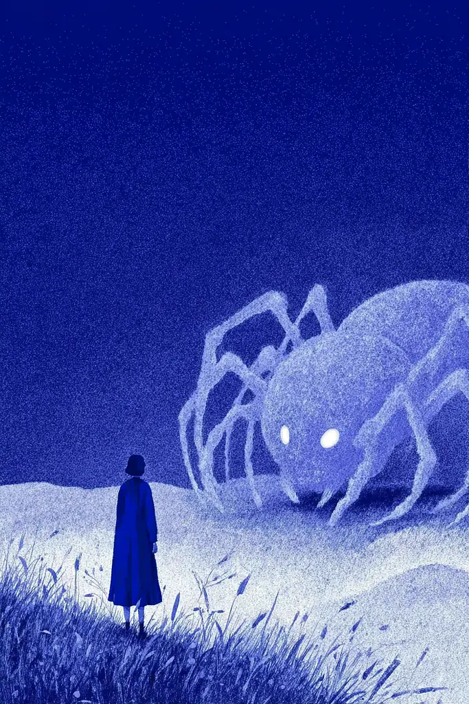 Midjourney generated image using SREF code Bluephantasm: A person standing in a field next to a giant spider.