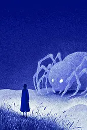 Midjourney generated image using SREF code Bluephantasm: A person standing in a field next to a giant spider.