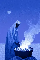Midjourney generated image using SREF code Bluephantasm: A man in a white robe cooking food in a large pot.