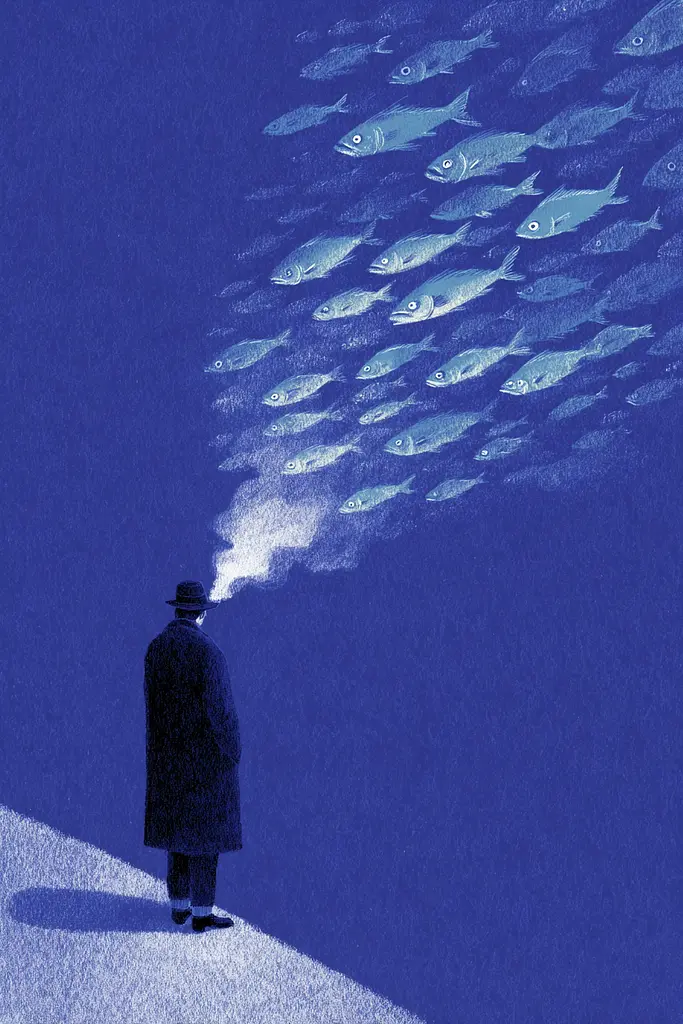 Midjourney generated image using SREF code Bluephantasm: A man standing in front of a large group of fish.