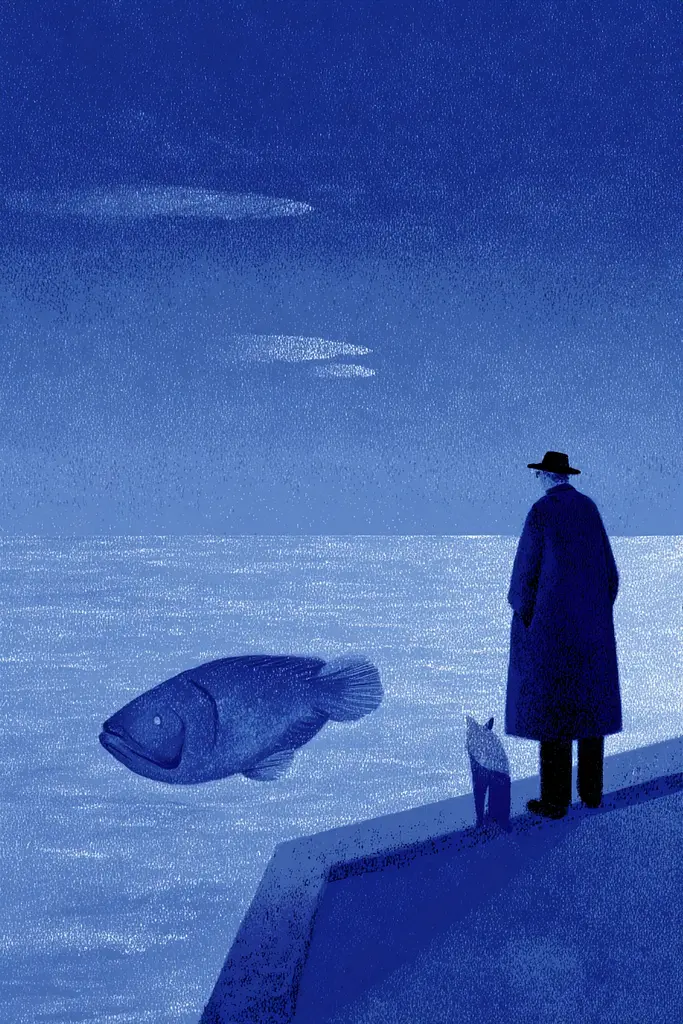 Midjourney generated image using SREF code Bluephantasm: A man standing on a pier looking at a large fish.