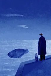 Midjourney generated image using SREF code Bluephantasm: A man standing on a pier looking at a large fish.