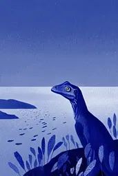 Midjourney generated image using SREF code Bluephantasm: A blue dinosaur standing on top of a hill next to a body of water.