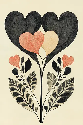 Midjourney generated image using SREF code Veiled Pathways: A drawing of three hearts in a tree with leaves.