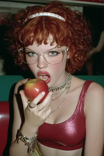 Midjourney generated image using SREF code GlimmerDial: A woman with red hair and glasses eating an apple.