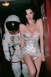 Midjourney generated image using SREF code GlimmerDial: A woman in a silver dress standing next to an astronaut.