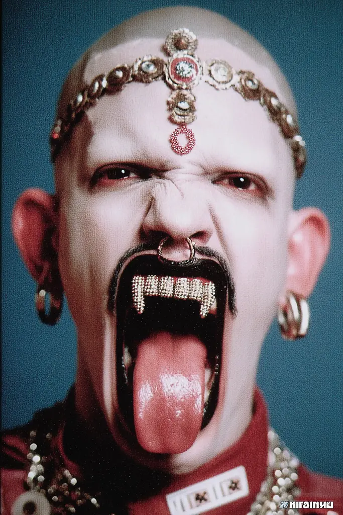 Midjourney generated image using SREF code GlimmerDial: A man with his tongue out and a crown on his head.