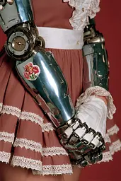 Midjourney generated image using SREF code GlimmerDial: A woman in a pink dress holding a silver robot arm.